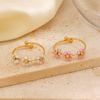 Wholesale Jewelry IG Style Sweet Flower 304 Stainless Steel 18K Gold Plated Beaded Knitting Open Rings