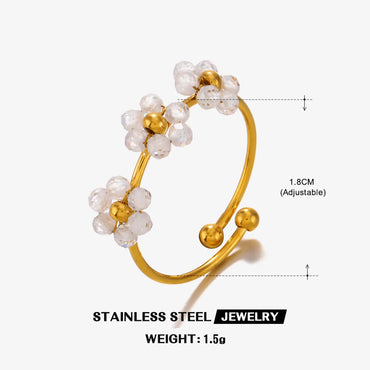 Wholesale Jewelry IG Style Sweet Flower 304 Stainless Steel 18K Gold Plated Beaded Knitting Open Rings