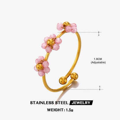 Wholesale Jewelry IG Style Sweet Flower 304 Stainless Steel 18K Gold Plated Beaded Knitting Open Rings