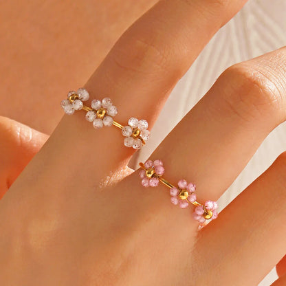 Wholesale Jewelry IG Style Sweet Flower 304 Stainless Steel 18K Gold Plated Beaded Knitting Open Rings