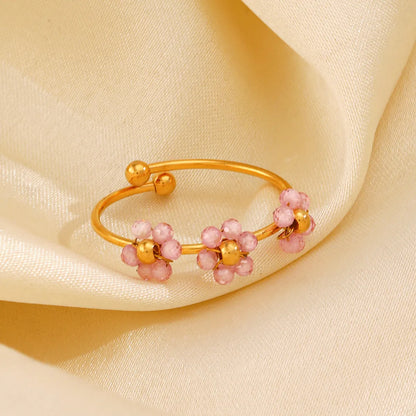 Wholesale Jewelry IG Style Sweet Flower 304 Stainless Steel 18K Gold Plated Beaded Knitting Open Rings