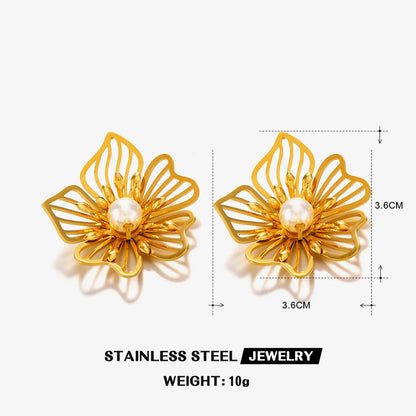 Wholesale Jewelry IG Style Sweet Flower 304 Stainless Steel Artificial Pearls 18K Gold Plated Hollow Out Inlay Rings Earrings