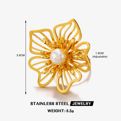 Wholesale Jewelry IG Style Sweet Flower 304 Stainless Steel Artificial Pearls 18K Gold Plated Hollow Out Inlay Rings Earrings