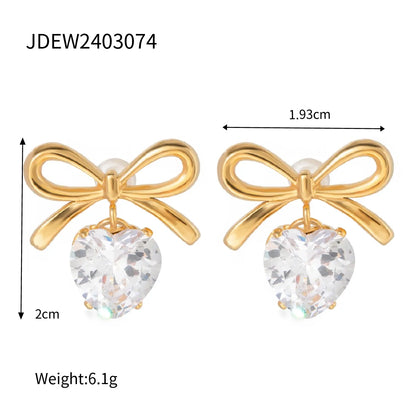 Wholesale Jewelry IG Style Sweet Heart Shape Bow Knot 304 Stainless Steel Zircon Pearl Inlay Rings Earrings Necklace