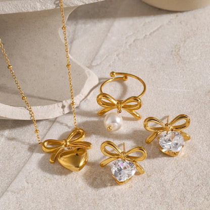 Wholesale Jewelry IG Style Sweet Heart Shape Bow Knot 304 Stainless Steel Zircon Pearl Inlay Rings Earrings Necklace