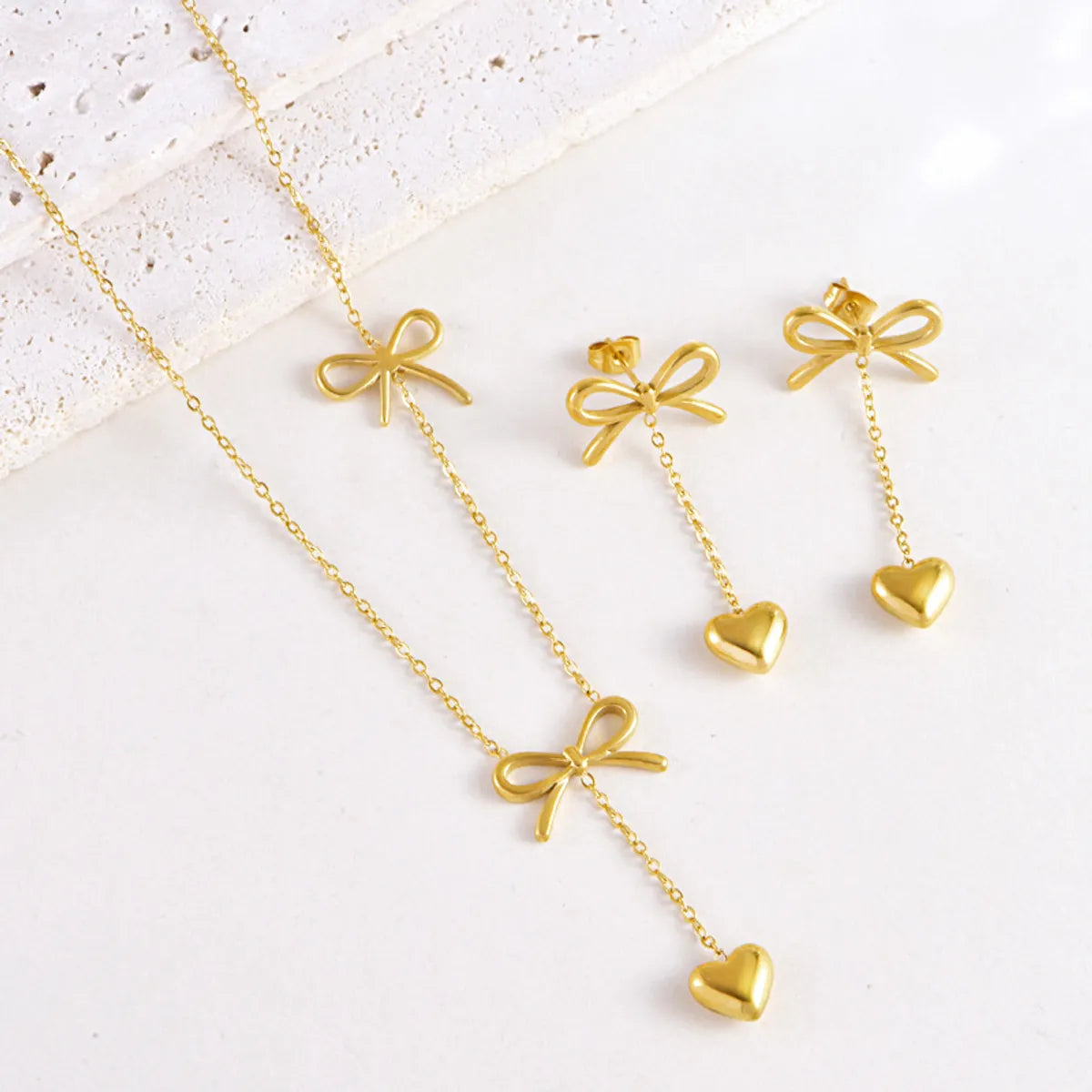 Wholesale Jewelry IG Style Sweet Heart Shape Bow Knot Titanium Steel Earrings Necklace