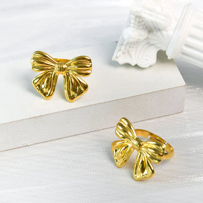 Wholesale Jewelry IG Style Sweet Korean Style Bow Knot 304 Stainless Steel 14K Gold Plated Hollow Out Open Rings