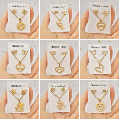 Wholesale Jewelry Sweet Simple Style IG Style Heart Shape Titanium Steel Hollow Out Jewelry Set