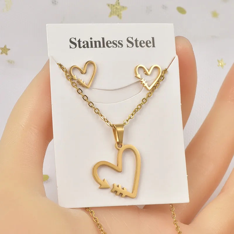 Wholesale Jewelry Sweet Simple Style IG Style Heart Shape Titanium Steel Hollow Out Jewelry Set