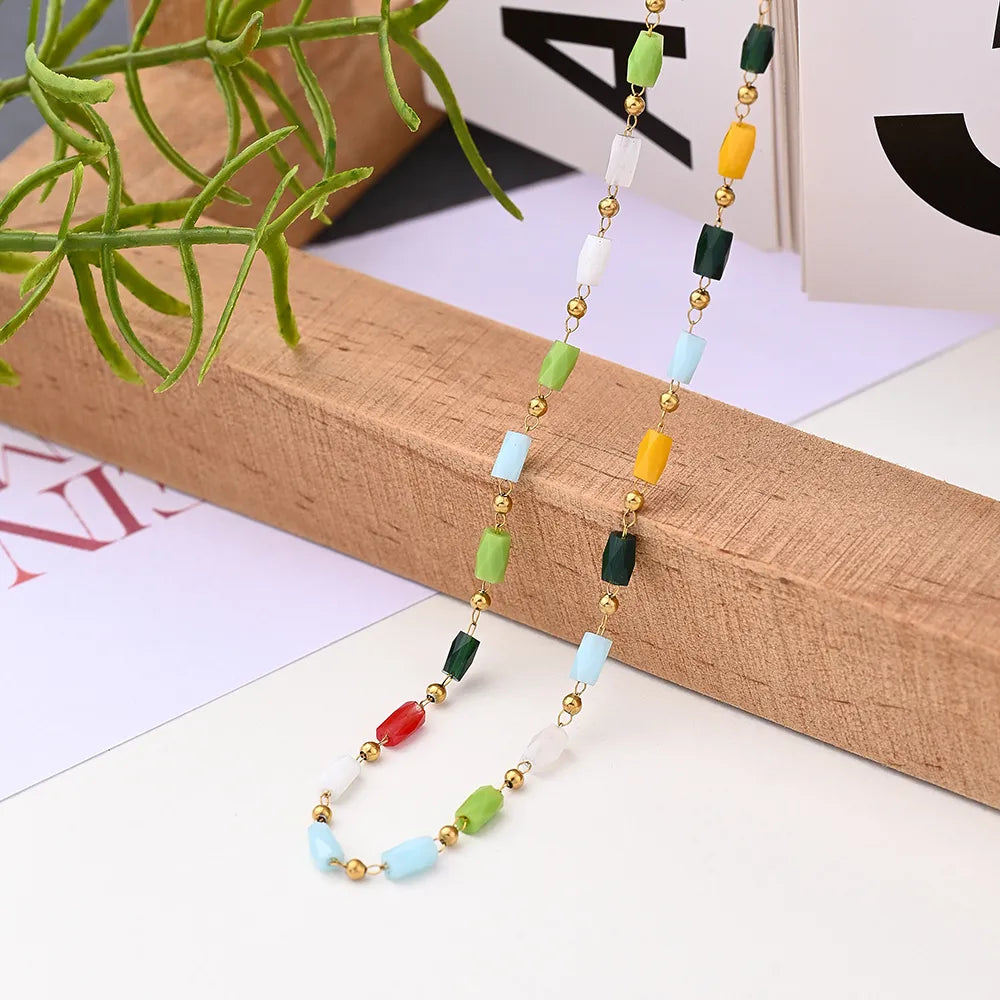 Wholesale Jewelry IG Style Vacation Bohemian Section Cylinder Round Beads Multicolor 304 Stainless Steel 18K Gold Plated Heishi Handmade Plating Necklace