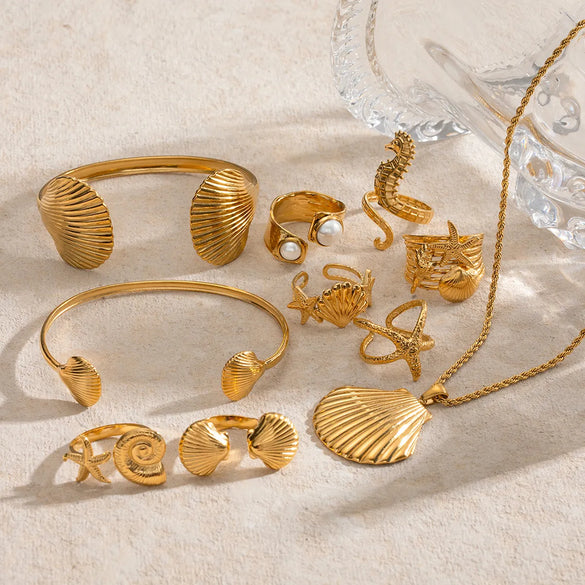Wholesale Jewelry IG Style Vacation Simple Style Starfish Hippocampus Shell 304 Stainless Steel Artificial Pearls 18K Gold Plated Scallop Inlay Rings Earrings Necklace