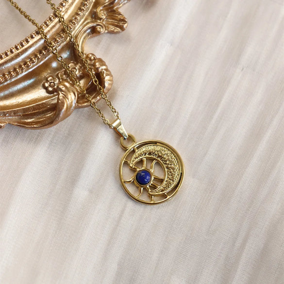 Wholesale Jewelry IG Style Vintage Style Sun Sector Moon 304 Stainless Steel Natural Stone 18K Gold Plated Inlay Pendant Necklace