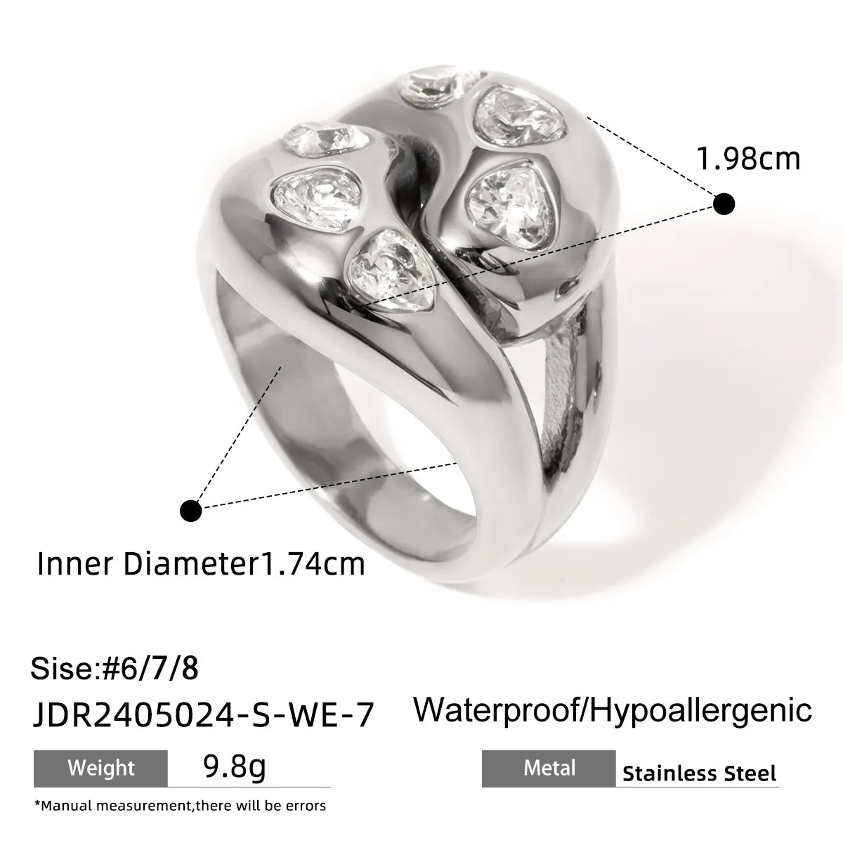 Wholesale Jewelry IG Style Water Droplets Heart Shape 316 Stainless Steel  Zircon Inlay Rings