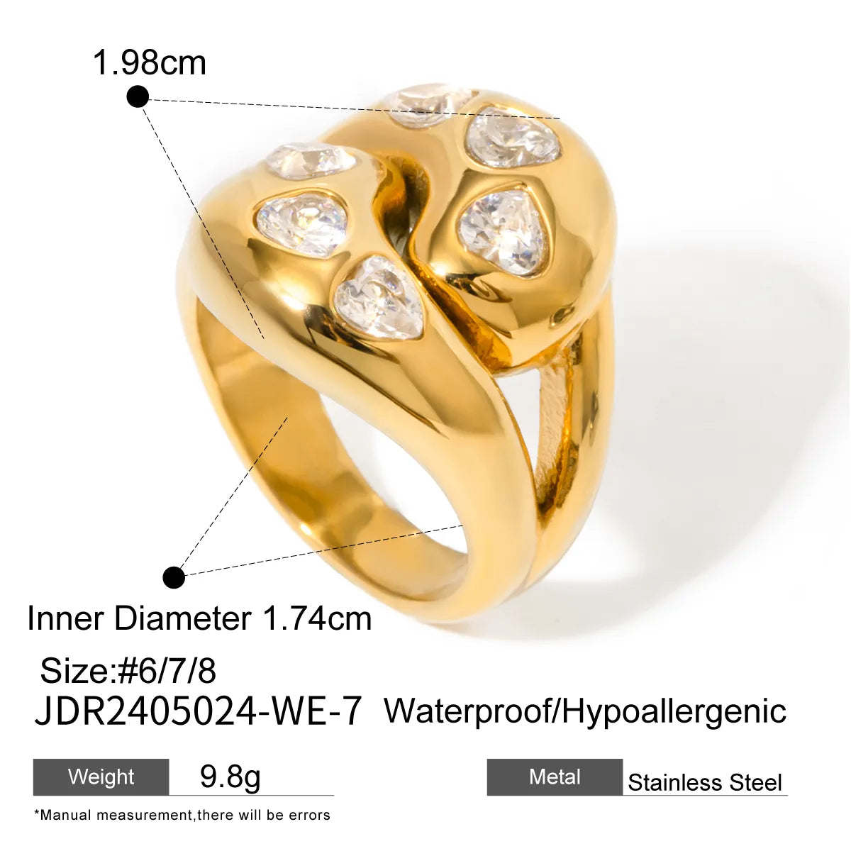 Wholesale Jewelry IG Style Water Droplets Heart Shape 316 Stainless Steel  Zircon Inlay Rings