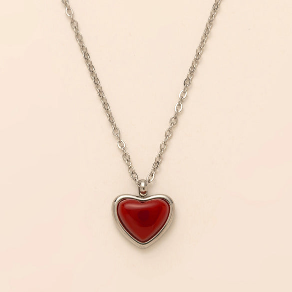 Wholesale Jewelry Imitation Natural Stone Red Agate Heartshaped Pendant Necklace Earrings Titanium Steel Electroplated 18K Gold