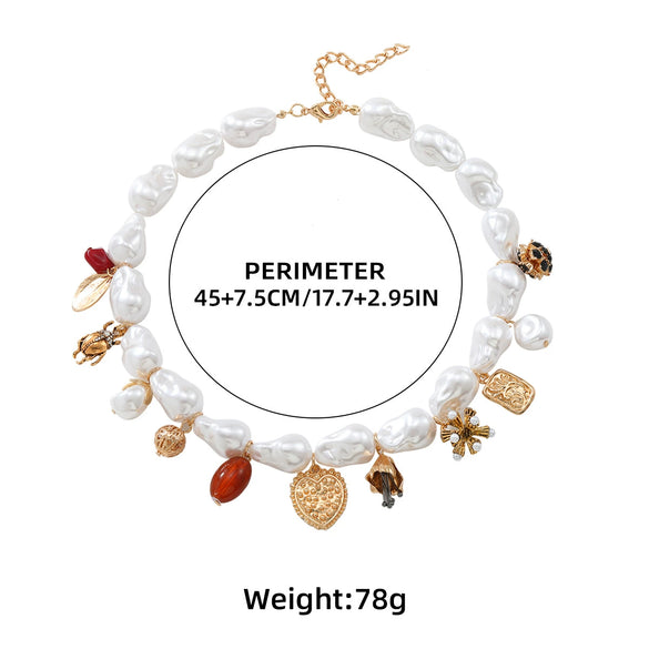 Wholesale Jewelry Imitation Pearl And Alloy Pendant Necklace With Heart Insect Leaves Geometric Pattern Electroplated