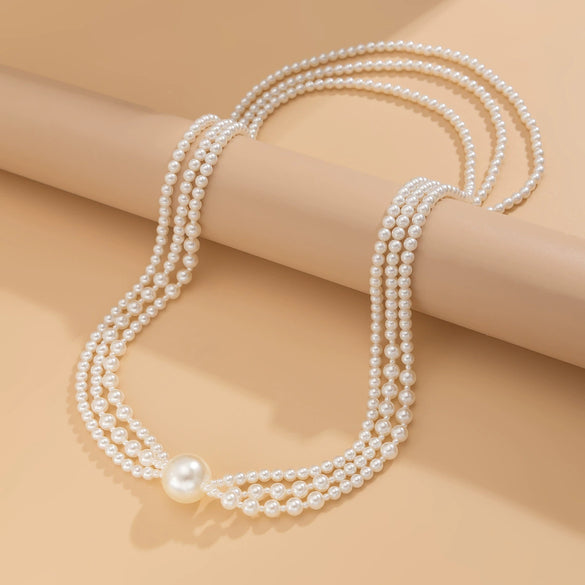 Wholesale Jewelry Imitation Pearl Beaded Geometric Exaggerated Handmade Multilayer Long Necklace For Women