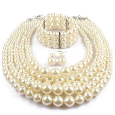 Wholesale Jewelry Imitation Pearl Geometric Style Beaded Threepiece Set With Snake Bone Chain And Baking Varnish Process