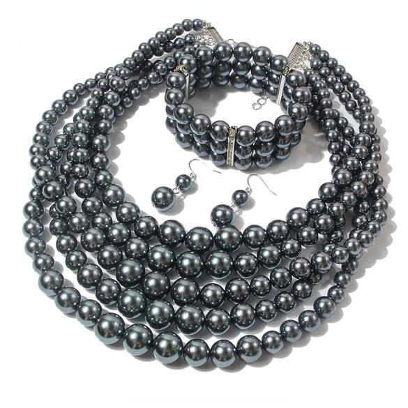 Wholesale Jewelry Imitation Pearl Geometric Style Beaded Threepiece Set With Snake Bone Chain And Baking Varnish Process