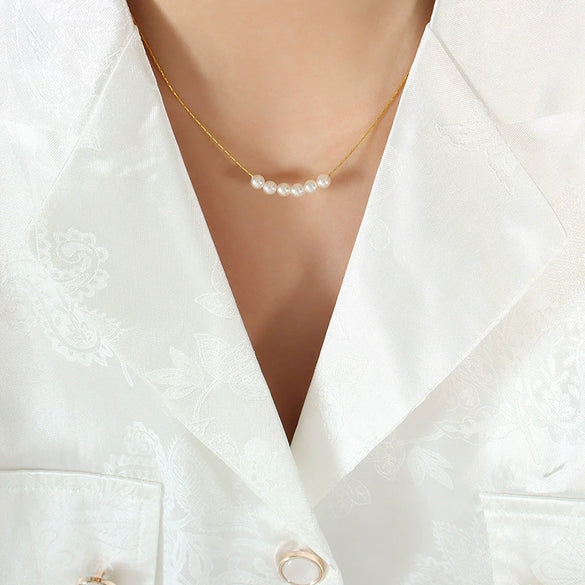 Wholesale Jewelry Imitation Pearl Round Beaded Pendant 316L Stainless Steel Gold Plated Square Chain Geometric Style