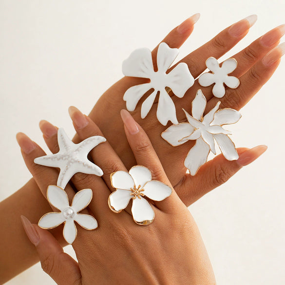 Wholesale Jewelry Ins Style Iron Dripping Oil Geometric Fivepetal Flower And Starfish Ring Electroplated