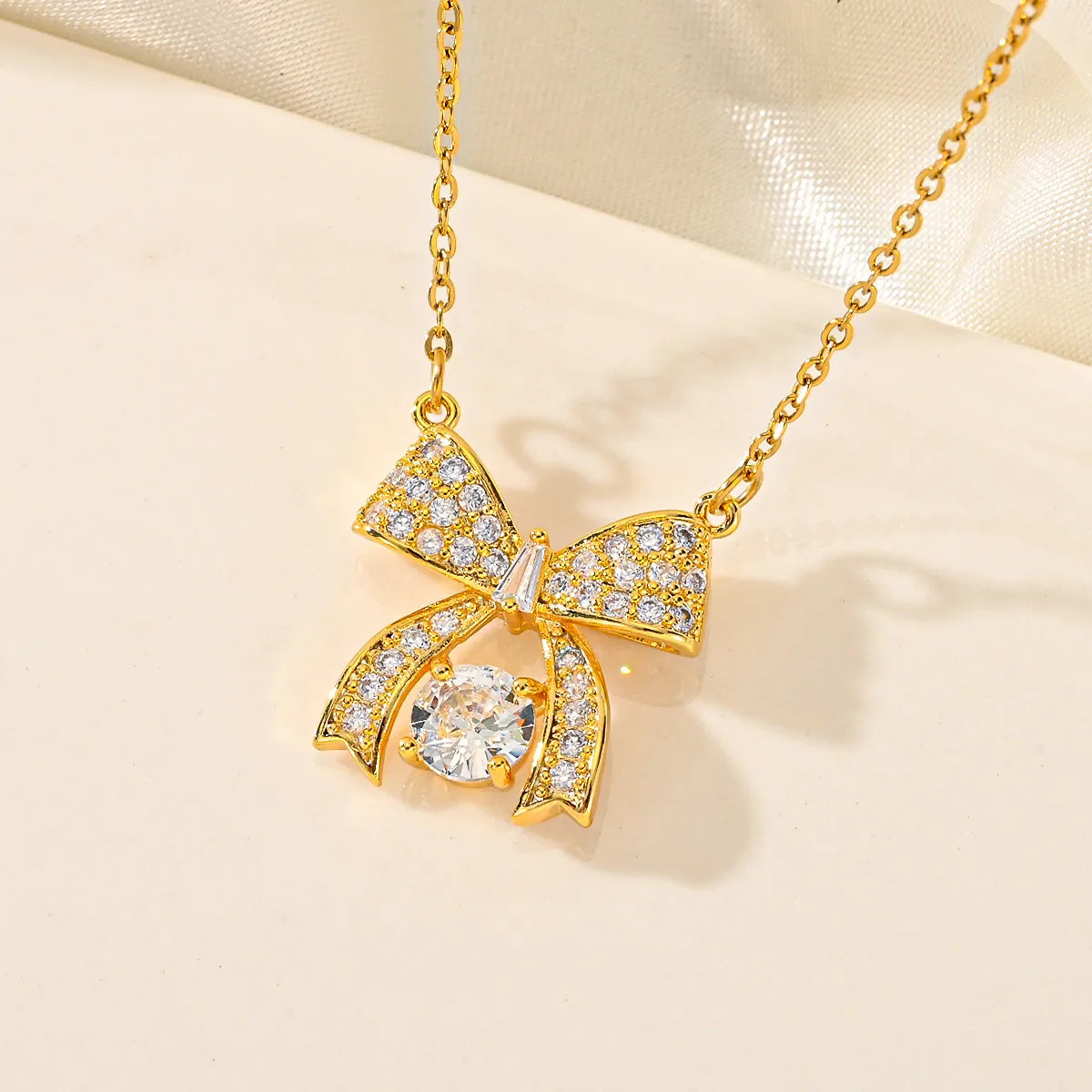 Wholesale Jewelry Japanese Style Bow Knot Titanium Steel Zircon Plating Pendant Necklace