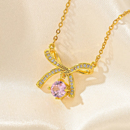 Wholesale Jewelry Japanese Style Bow Knot Titanium Steel Zircon Plating Pendant Necklace