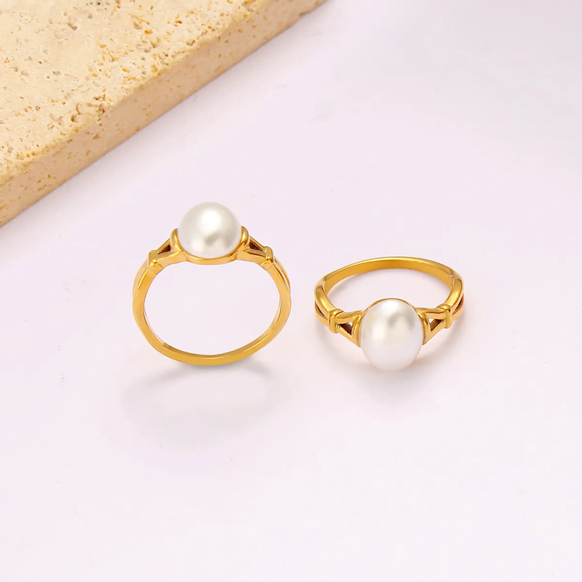 Wholesale Jewelry Japanese Style Sweet Commute Round 304 Stainless Steel Glass Pearl 18K Gold Plated Inlay Rings