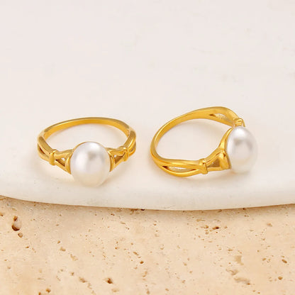 Wholesale Jewelry Japanese Style Sweet Commute Round 304 Stainless Steel Glass Pearl 18K Gold Plated Inlay Rings