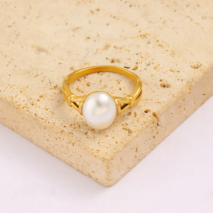 Wholesale Jewelry Japanese Style Sweet Commute Round 304 Stainless Steel Glass Pearl 18K Gold Plated Inlay Rings