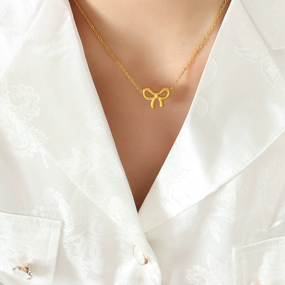 Wholesale Jewelry Kawaii Bow Pendant Necklace Titanium Steel Electroplating For Women