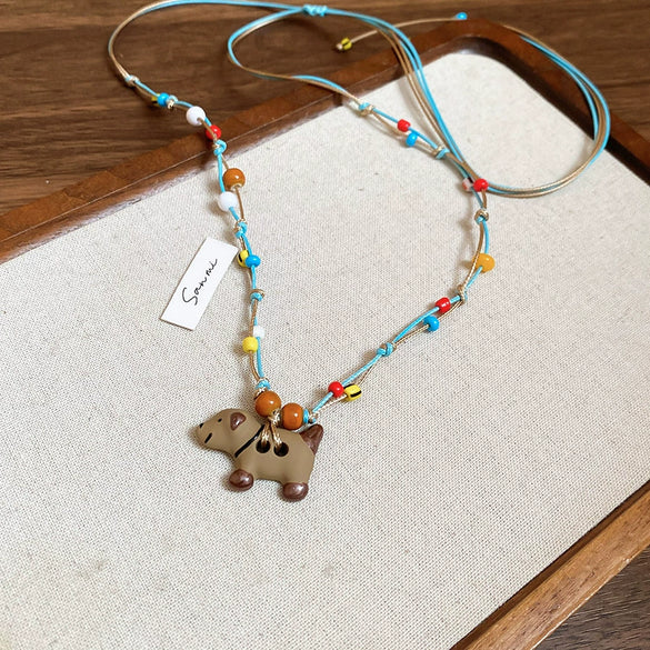 Wholesale Jewelry Leather Geometric Hand Knitted Croissant Smiley Face Bread Pendant Clavicle Chain