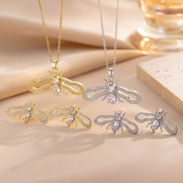 Wholesale Jewelry Light Luxury Copper Zircon Earrings Necklace Set With Real Gold Plated And Cartoon Characters Design