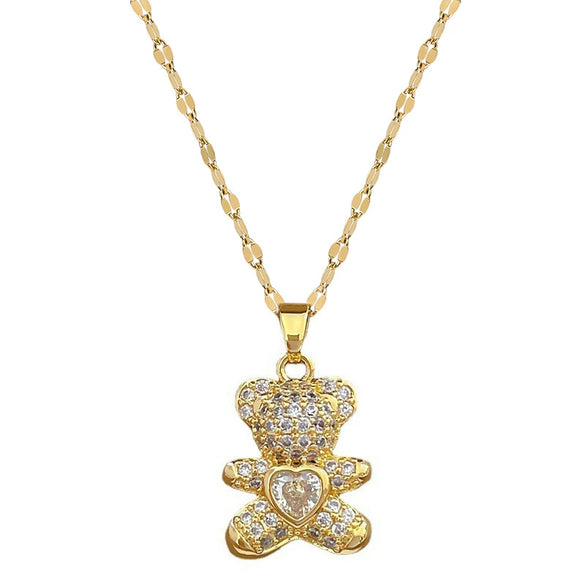 Wholesale Jewelry Light Luxury Geometric Bear Pendant Necklace Copper Pendant Stainless Steel Chain