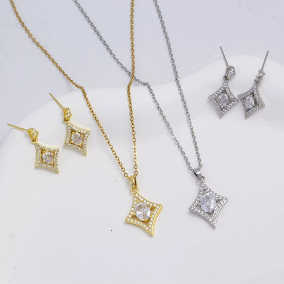 Wholesale Jewelry Light Luxury Geometric Quadrilateral Copper Inlaid Zircon Electroplated Pendant Necklace And Earrings Set For Women