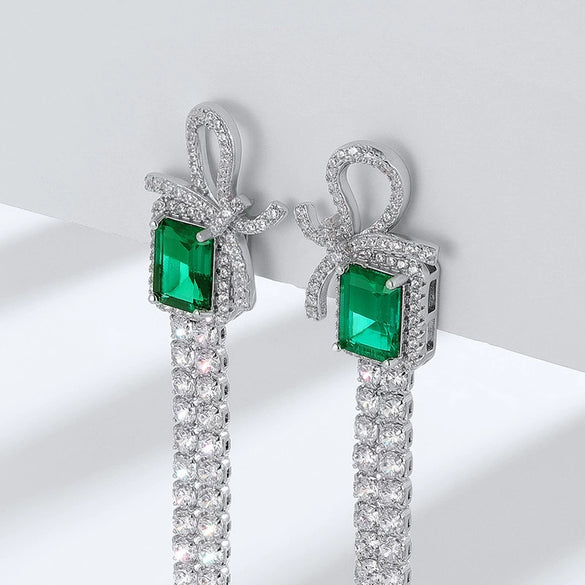 Wholesale Jewelry Light Luxury Geometric S925 Silver Bow Earring With Cultivating Emerald Inlay For Women