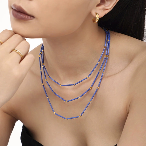 Wholesale Jewelry Light Luxury Geometric Stainless Steel Natural Lapis Lazuli Beaded Necklace 18K Gold Plated