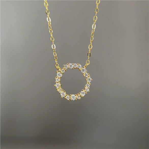 Wholesale Jewelry Light Luxury Geometric 925 Sterling Silver 14K Gold Plated Necklace With Inlaid Zircon And Diamond Circle Pendant Ochain For Women
