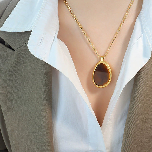 Wholesale Jewelry Light Luxury Geometric Tiger Eye Pendant Titanium Steel Necklace With Doublesided Grinding Chain And Electroplating