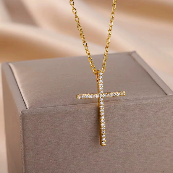 Wholesale Jewelry Light Luxury Microinlaid Zircon Cross Pendant Necklace Copper Electroplating Geometric Flower Style Women's