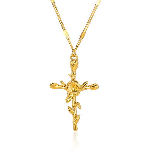 Wholesale Jewelry Light Luxury Microinlaid Zircon Cross Pendant Necklace Copper Electroplating Geometric Flower Style Women's