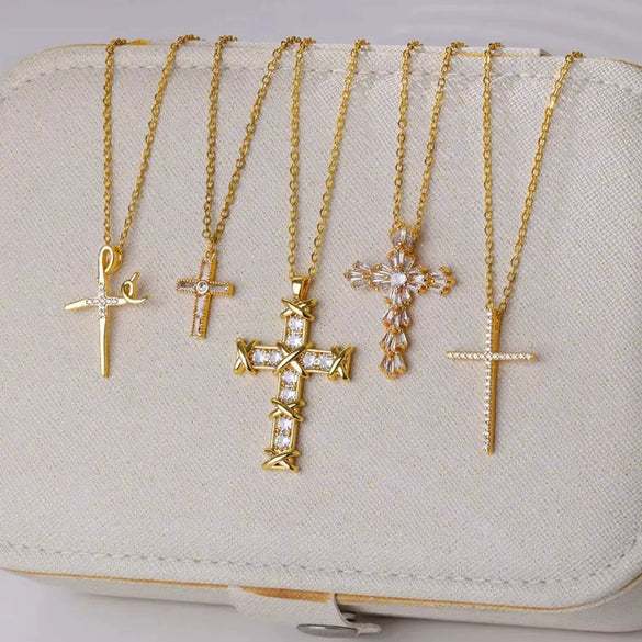 Wholesale Jewelry Light Luxury Microinlaid Zircon Cross Pendant Necklace Copper Electroplating Geometric Flower Style Women's