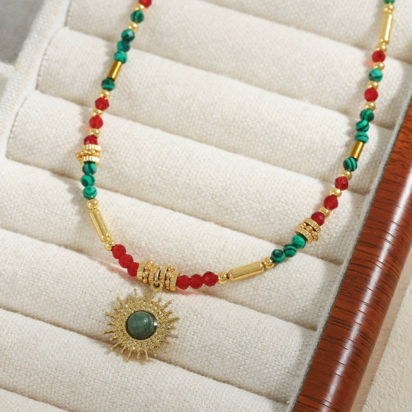 Wholesale Jewelry Light Luxury Minimalist Geometric Natural Stone And Copper Handmade Pendant Necklace With O Word Chain
