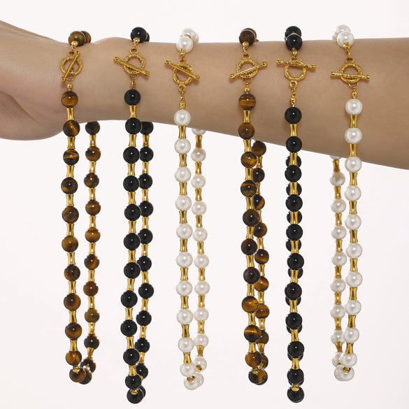 Wholesale Jewelry Light Luxury Natural Stone Tiger Eye Bead Necklace 316L Stainless Steel Geometric Electroplated Chain For Women