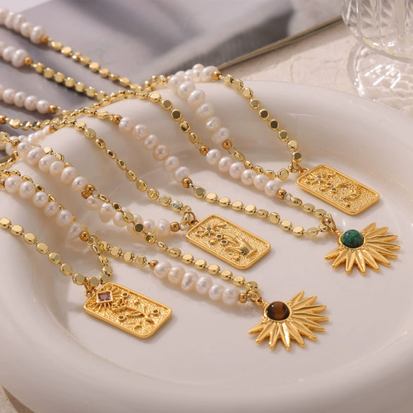 Wholesale Jewelry Light Luxury Natural Tiger Eye Pendant Freshwater Pearl Beaded Copper Necklace With Geometric Pattern And Electroplating