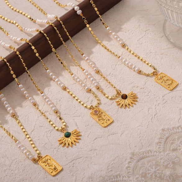 Wholesale Jewelry Light Luxury Natural Tiger Eye Pendant Freshwater Pearl Beaded Copper Necklace With Geometric Pattern And Electroplating