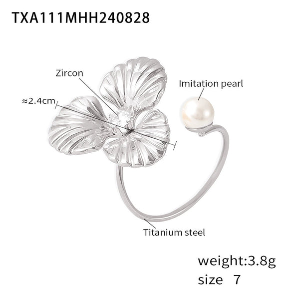 Wholesale Jewelry Light Luxury Pearl Flower 316L Stainless Steel Ring And Earrings With Electroplating