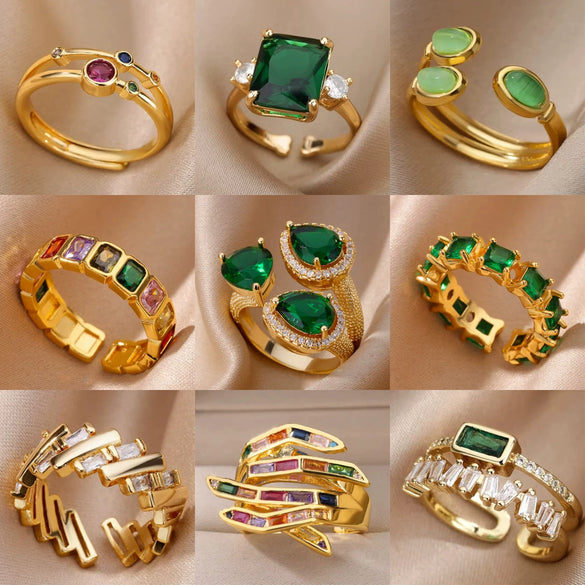 Wholesale Jewelry Light Luxury Retro Style Green Zircon Open Ushaped Stainless Steel Ring With 18K Gold Plated Electroplating For Women