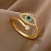 Wholesale Jewelry Light Luxury Retro Style Green Zircon Open Ushaped Stainless Steel Ring With 18K Gold Plated Electroplating For Women