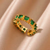 Wholesale Jewelry Light Luxury Retro Style Green Zircon Open Ushaped Stainless Steel Ring With 18K Gold Plated Electroplating For Women